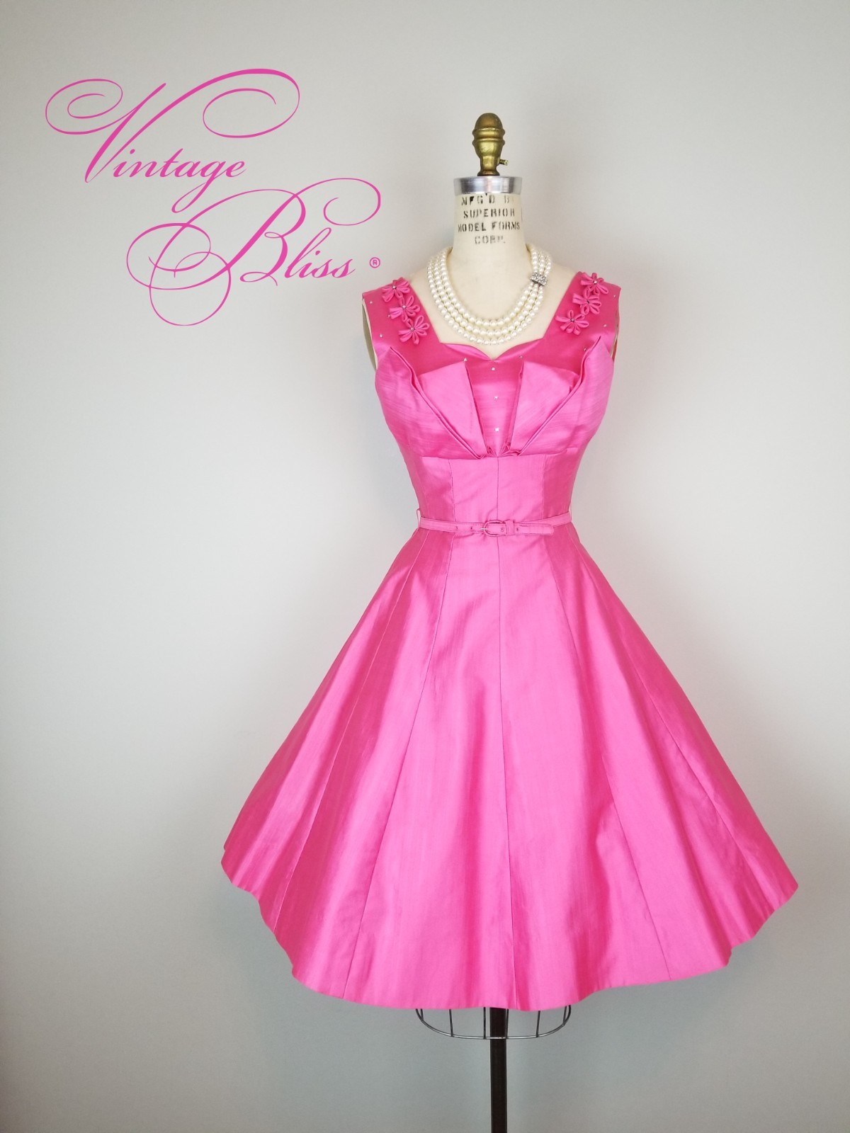 Vintage 1960’s Hot Pink Party Dress Rhinestone & Floral Details Ladies Size Sm
