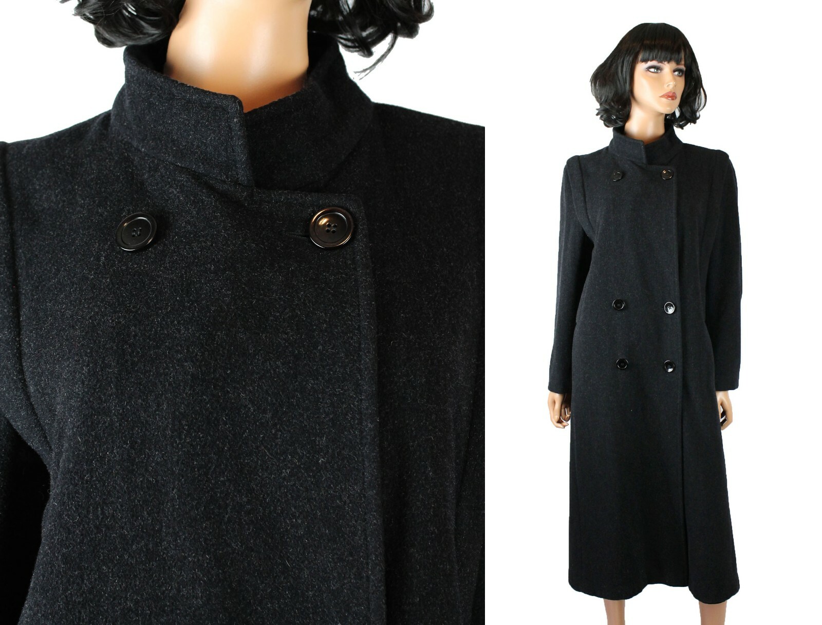 Winter Coat Sz M Vintage 80s Dark Charcoal Gray 100% Wool Long Jacket Forecaster