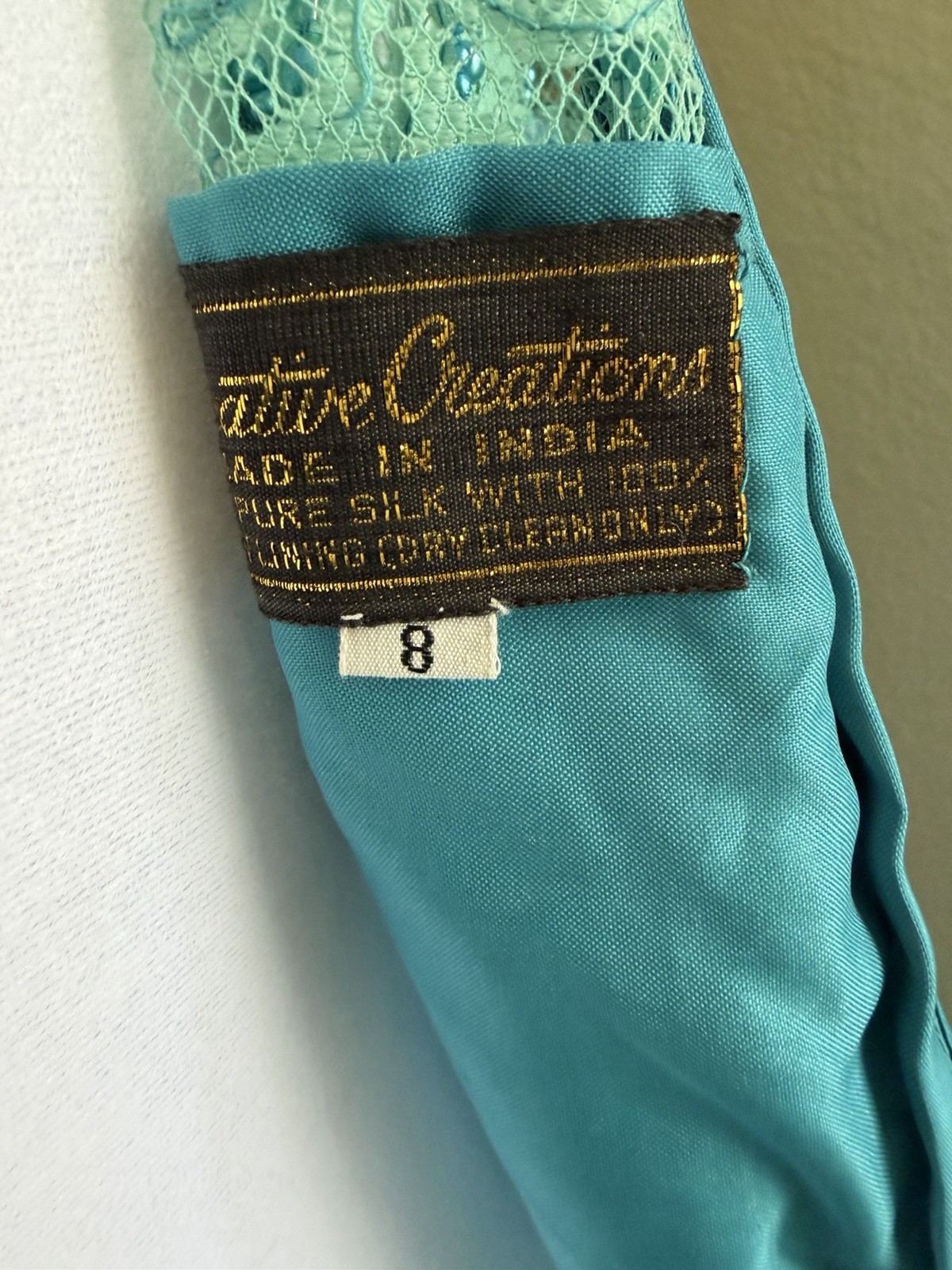 Creative Creations Vintage 100% Silk Dress – Teal Blue Beaded Embroidered Size 8
