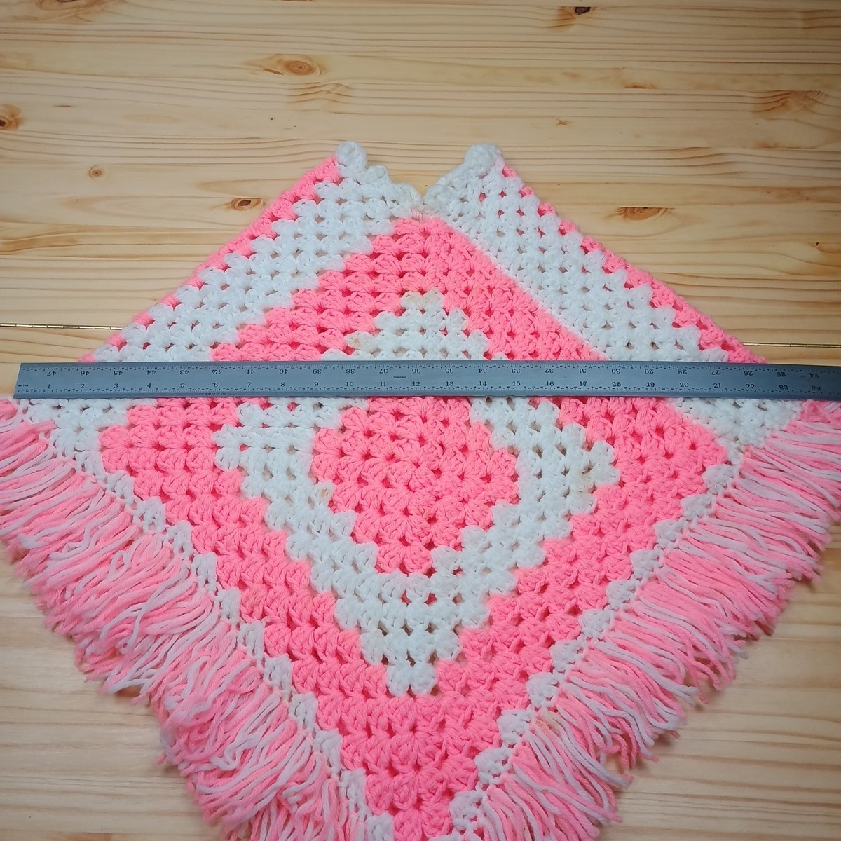 Hand Knit Granny Square Shawl, Cape, Wrap With Fringe Small Pink White Vintage