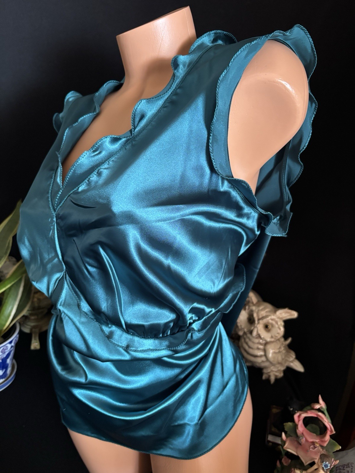 Vtg Satin Emerald Green Frilly Office Blouse Top Cami Blouse