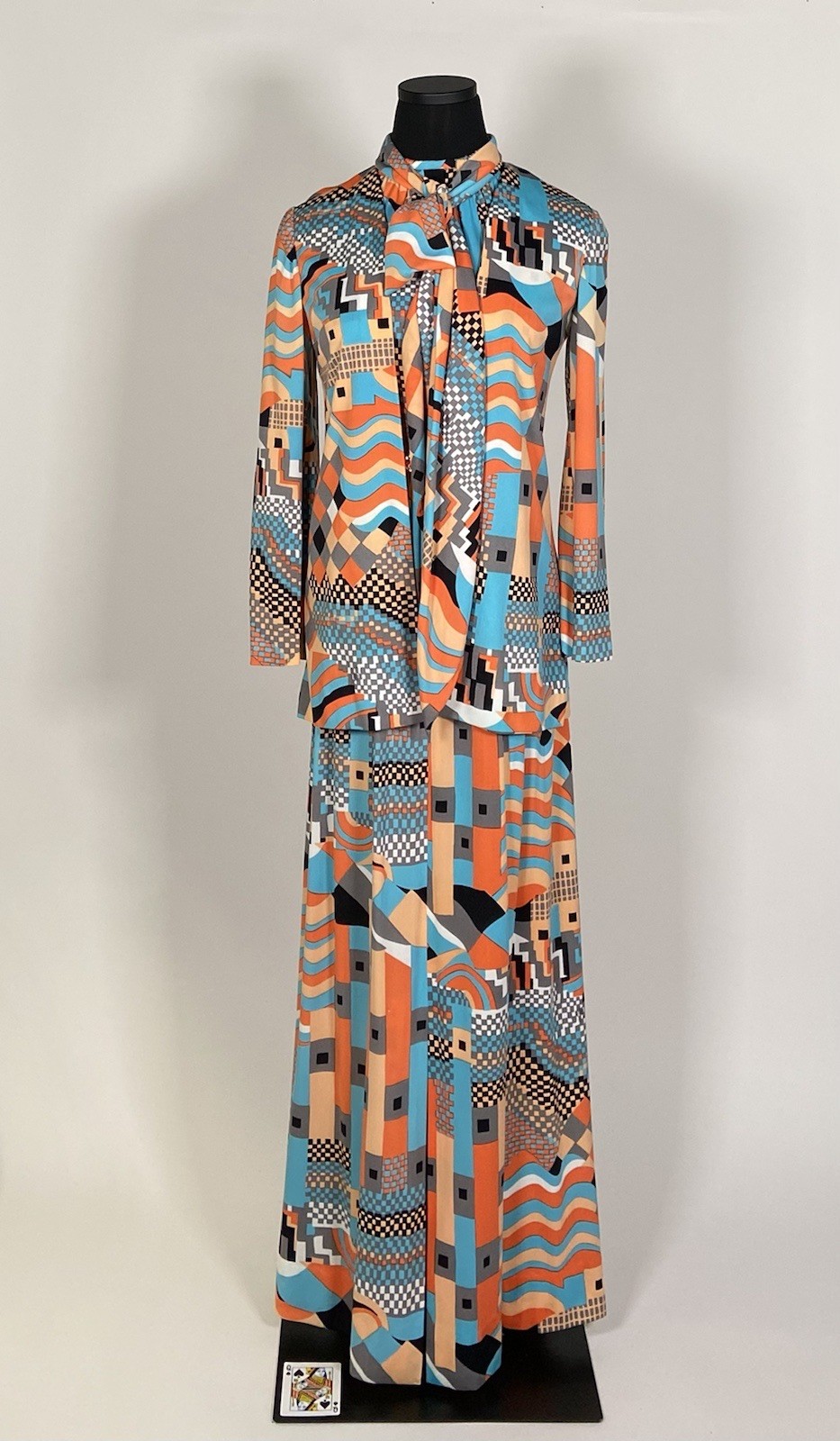 033 1970s Halter dress set, jacket, orange op-art Pat Sandler size XS VG!