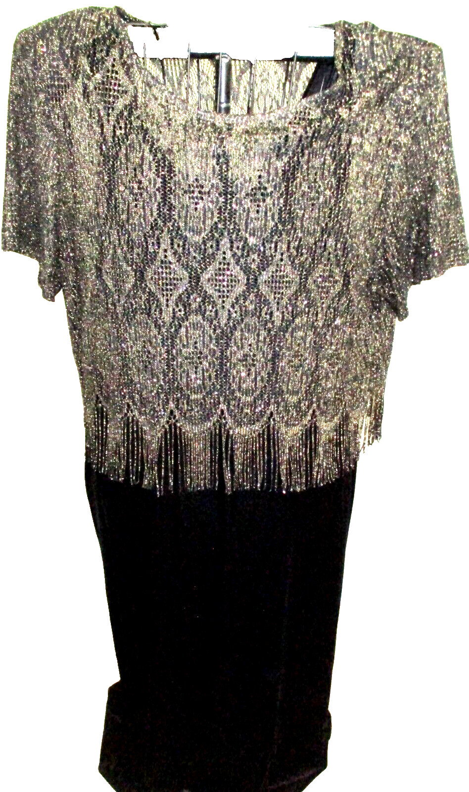 Vintage Sharade Nites Black Velour W/ Gold Fringe Lace Duo Dress Plus Size 18W