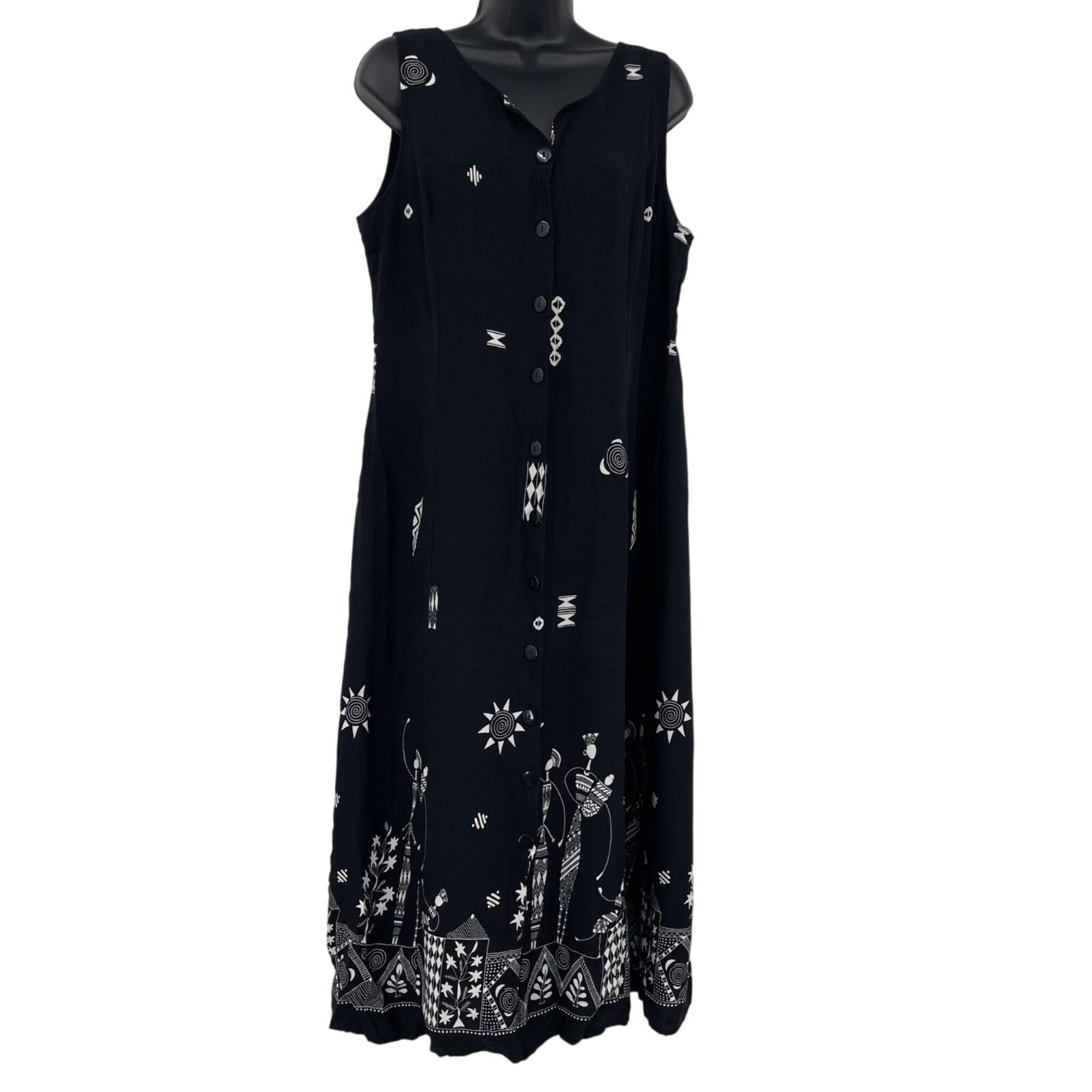 Vintage 90s R&K African Print Maxi Dress Women’s 16P Rayon Button Front