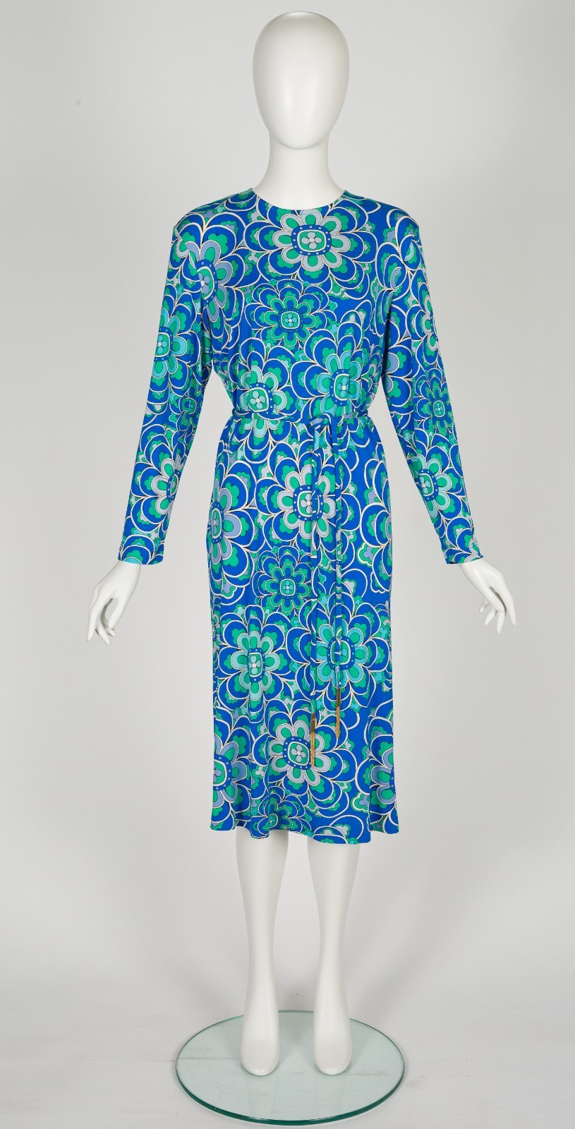 Averardo Bessi 1980s Geometric Floral Print Blue Green Silk Jersey Vintage Dress