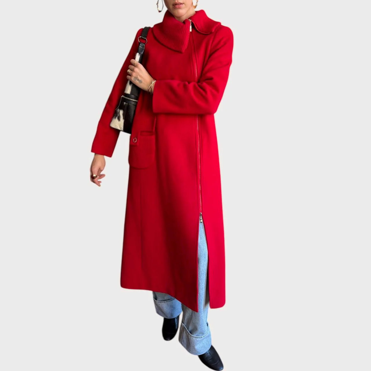 Vintage Women’s Red Wool Coat Longline Zip Up Turtleneck Style Size US10/ EU40