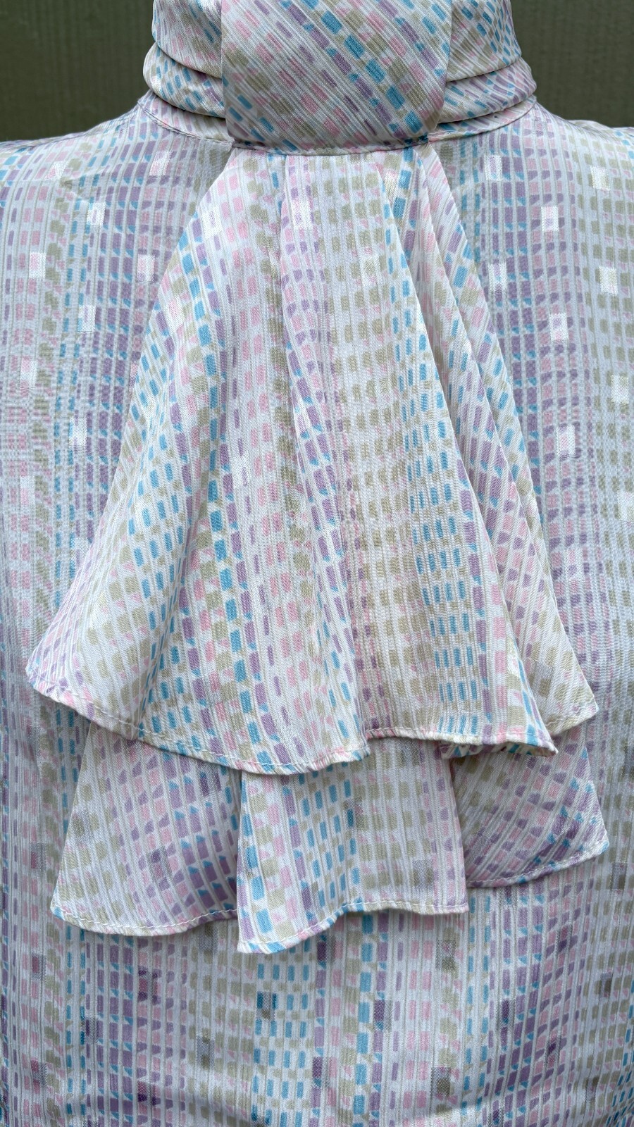 vtg Nicola 70s 80s Pastel Granny Silky Mock Neck Scarf Secretary Poet Blouse