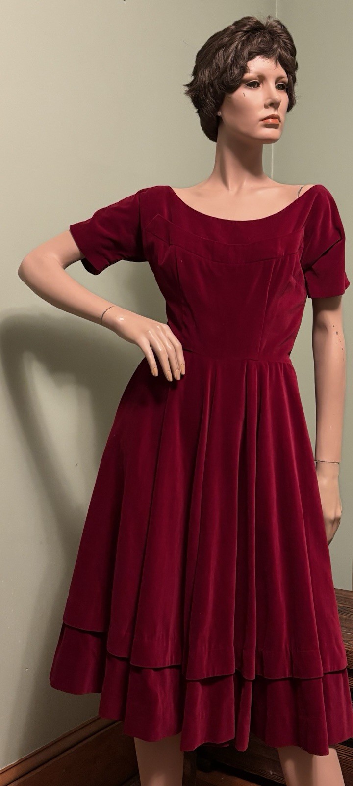 Vintage ANNE FOGARTY Margot Red Velvet Tiered/Fit & Flare DRESS 1950s