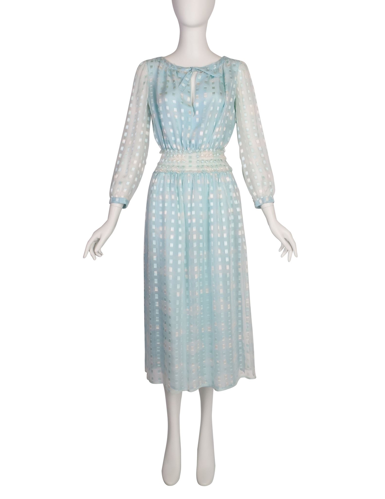 Courreges Vintage 1970s Baby Blue Cloud Print Silk Chiffon Dress and Scarf Ensem