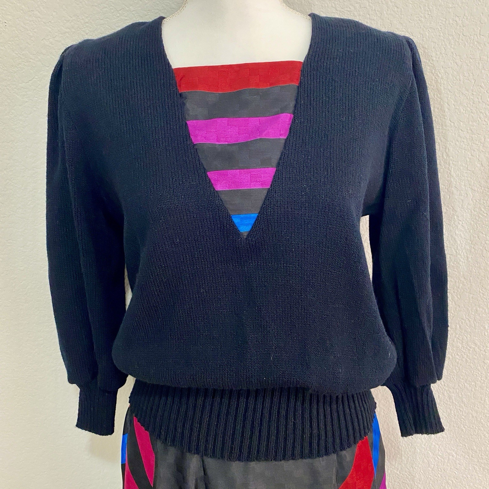 Vintage Anthony Sicari 2pc Set Black Pink Neon Striped Sweater Skirt Size 6 USA