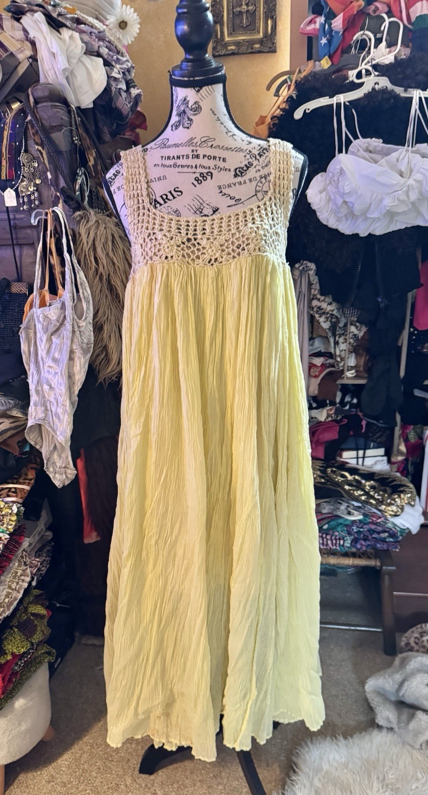 Vtg India Yellow Cotton Crochet Mesh Gauze Tent Maxi Dress Full Sweep Open Size