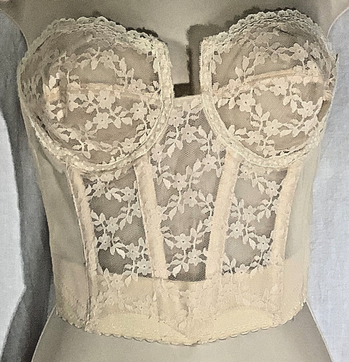 Vintage strapless Backless bra UW beige Boned sheer Lace 34B Young Smoothie USA