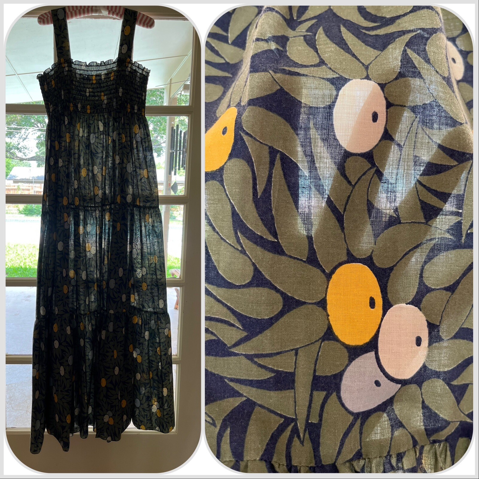 1970s Olive Print Smocked Maxi Dress Cotton Blend Hostess Resort Sundress OS VTG