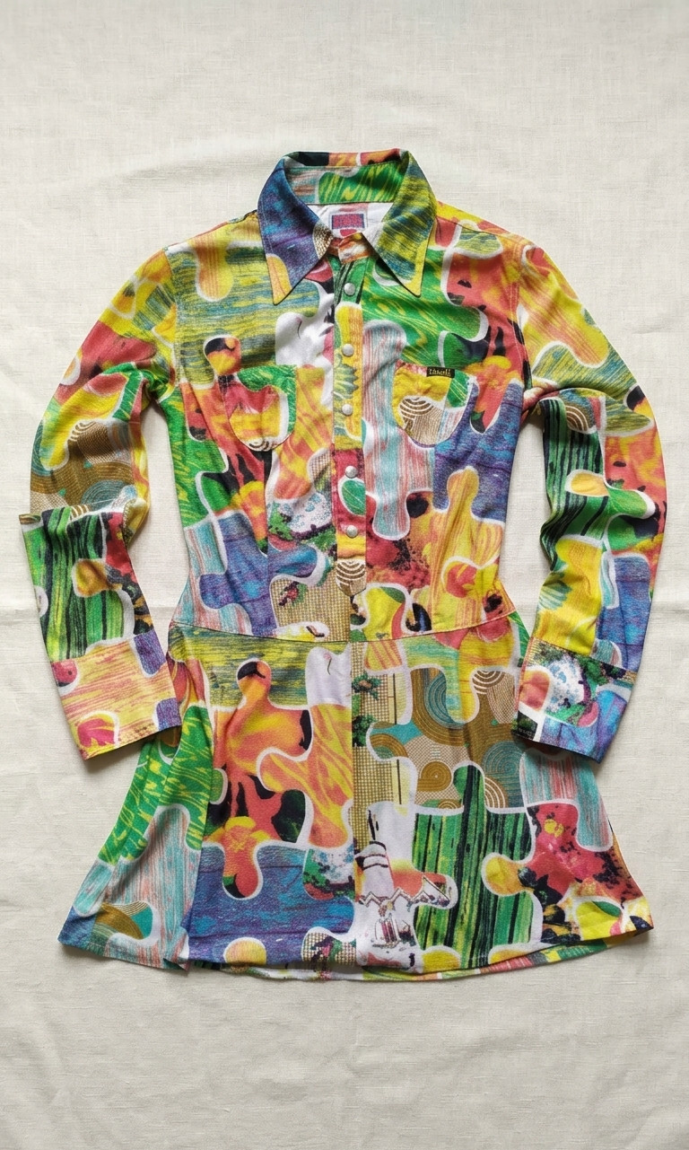 Rare Vintage Diesel „Puzzle-Piece” Patchwork-Style Shirt Dress – Size S – Vibran