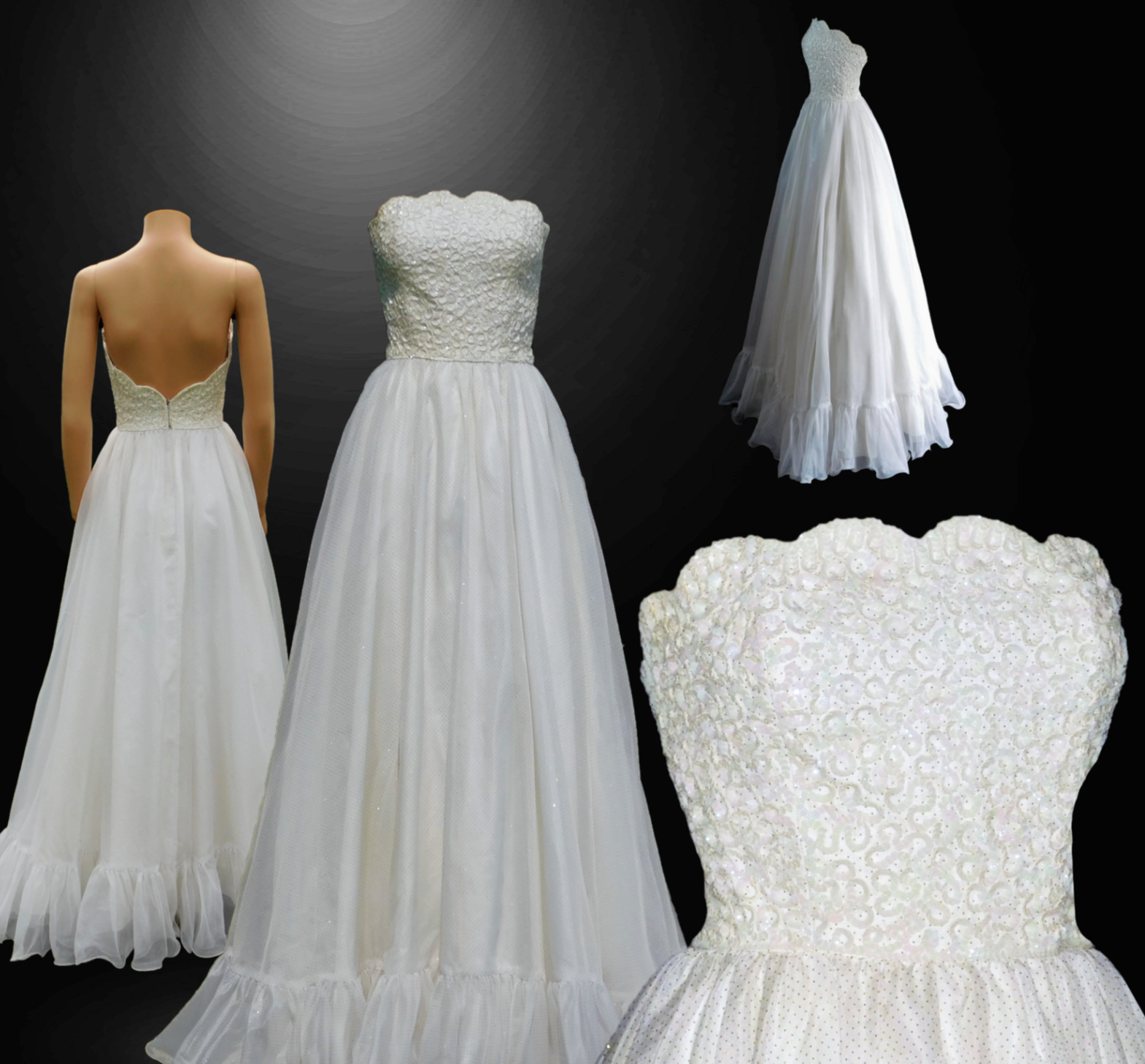 Mike Benet Formal Strapeless Ball Gown Party Dress Sheer Ivory Polka Dots 12