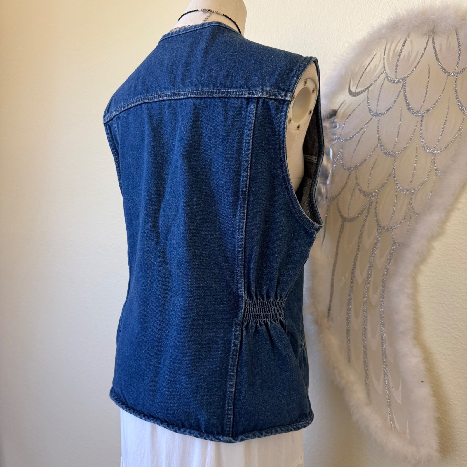 90s Vintage Blue Denim Zip Up Vest Utility Pockets Cotton Safari Y2K V Neck