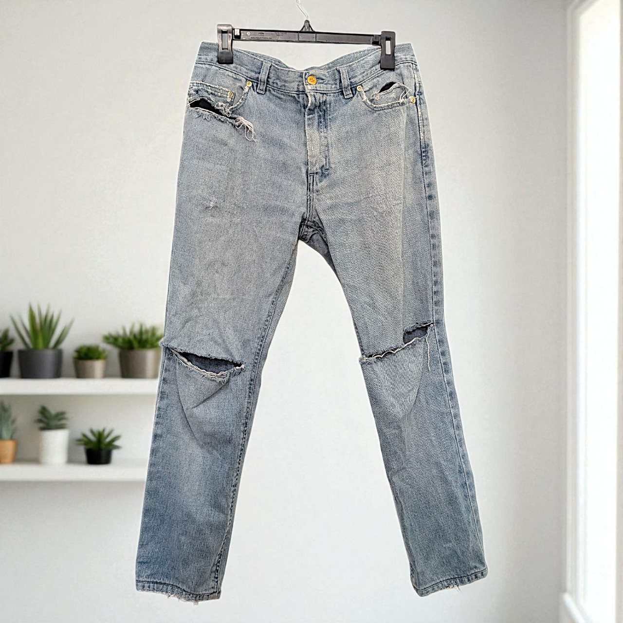 Yves Saint Laurent vtg 90s oversized YSL embossed logo distressed jeans IT 48