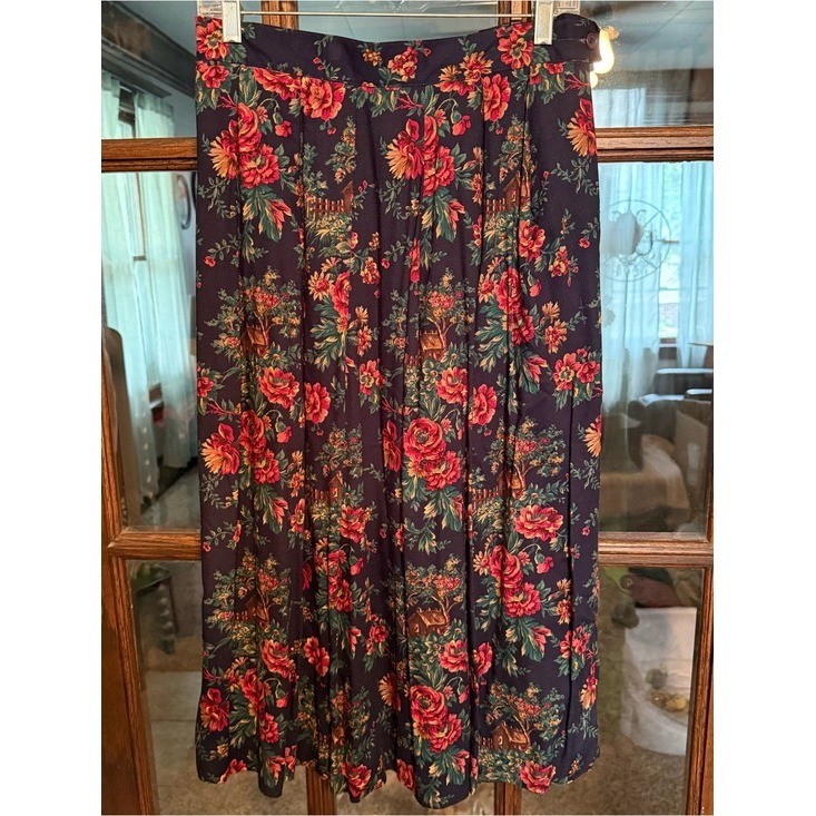 Koret Petites Vintage 90s Dark Floral Cottage Cabin Print Rayon Midi Skirt 12P