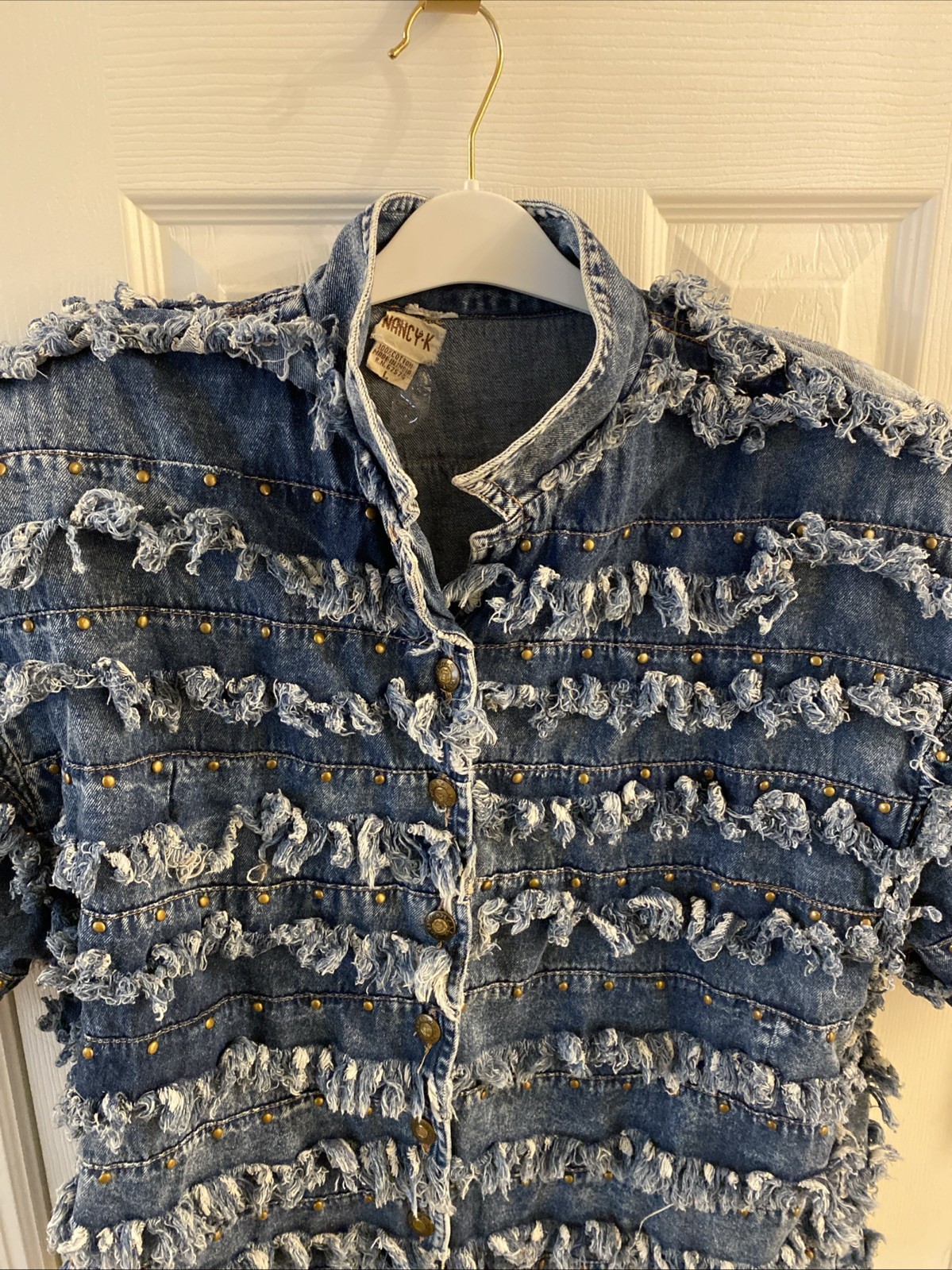 VTG Style Frayed Shaggy Fringe Denim Shacket L Brass Tone Buttons Boho Western