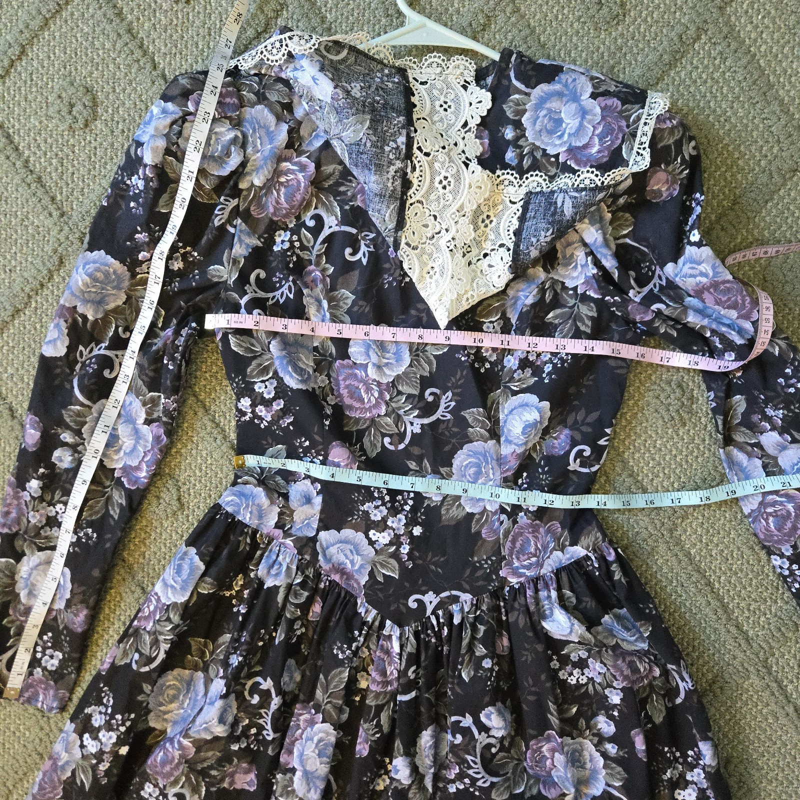 Gunne Sax 1980s Victorian Revival Floral Midi Dress in Black Floral Basque Waist