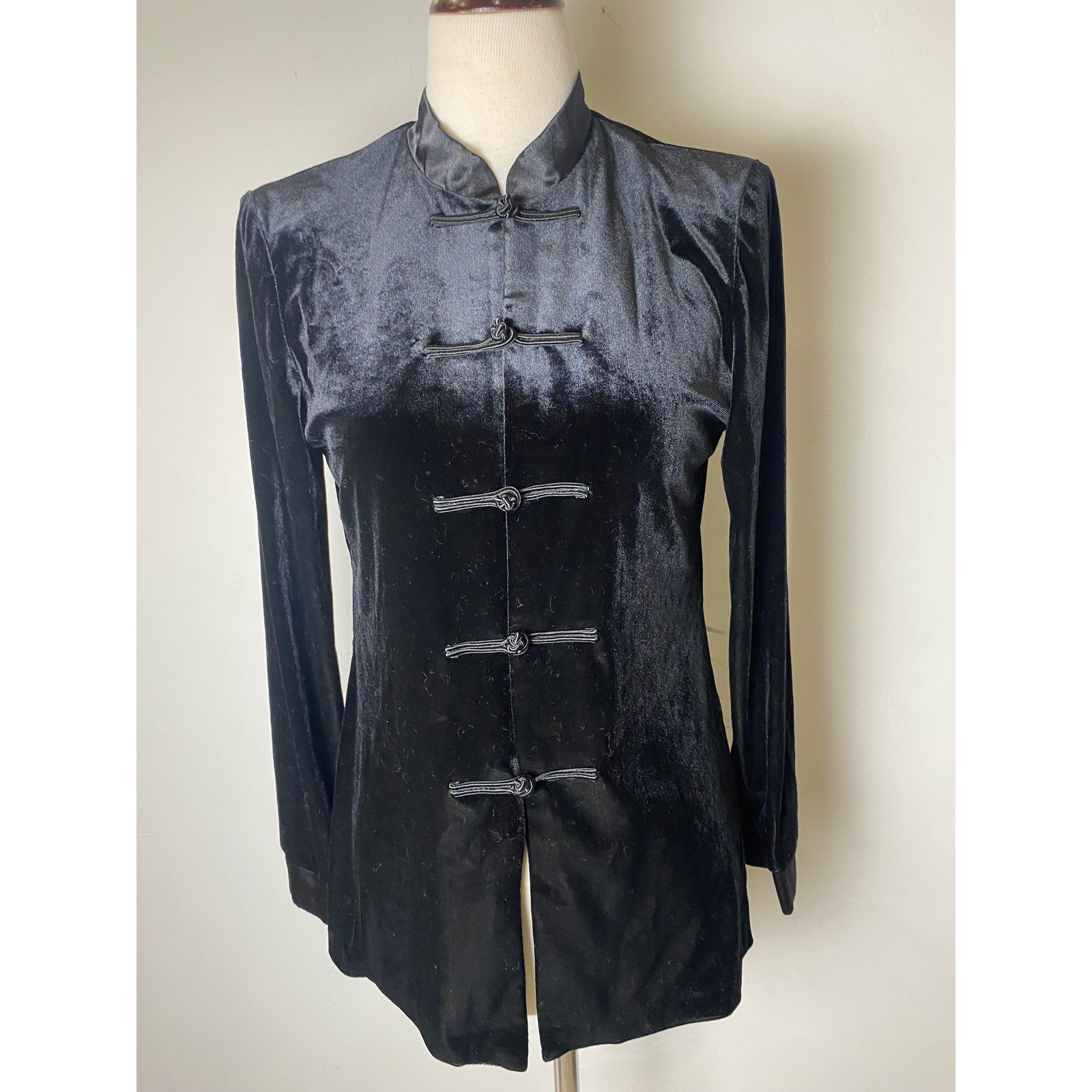 Whirlaway Frocks Vintage 90s Black Velvet Frog Closure Mandarin Top Sz 8P Asian