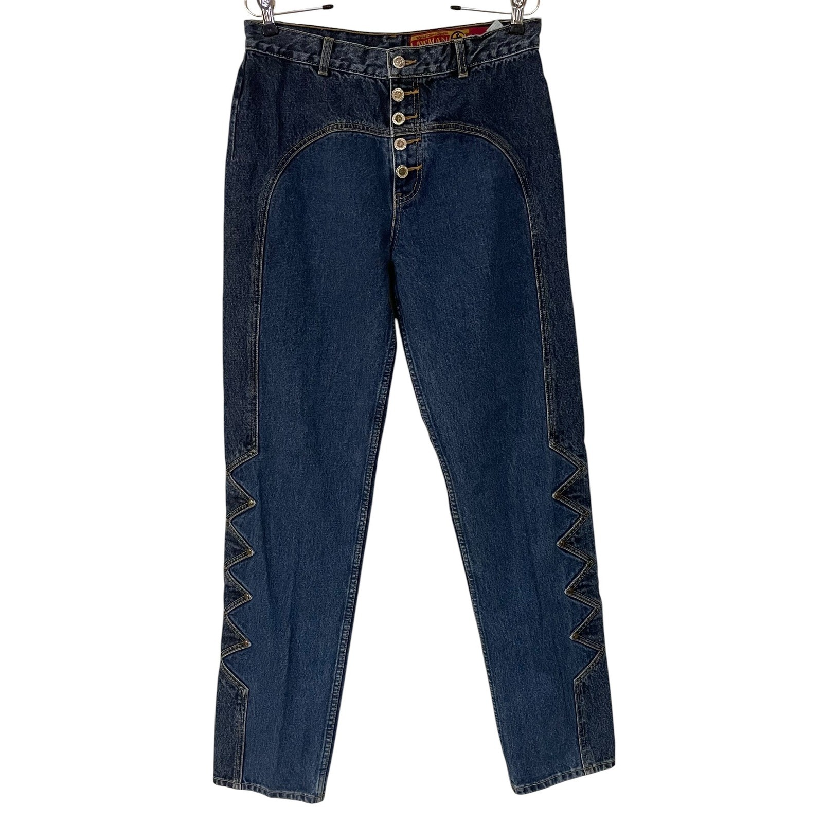 Vtg Lawman Women Western High Waisted Zig Zag Inset Button Fly Denim Jeans W29.5