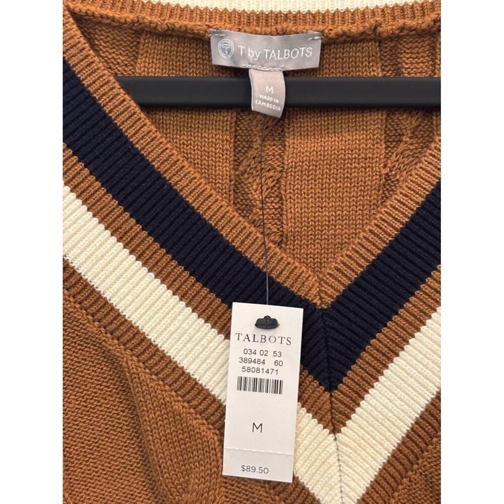 T by Talbots Cable Knit Sweater Vest Mustard V-Neck Stripe Trim Preppy Chic Sz M