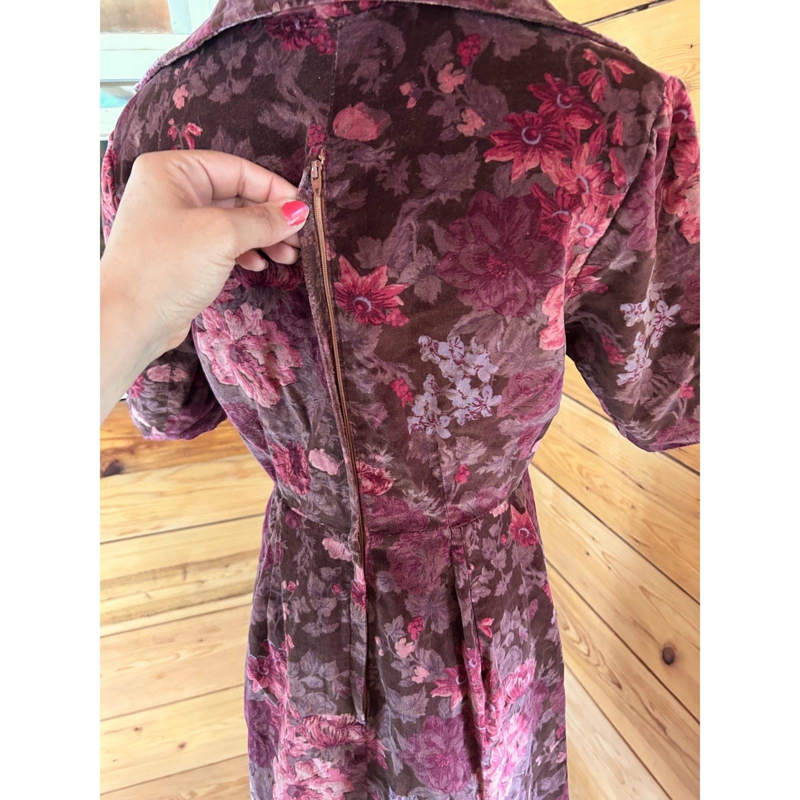 Vintage Thick Velour Floral Midi Dress Womens Large Plum Purple Handmade 70’s