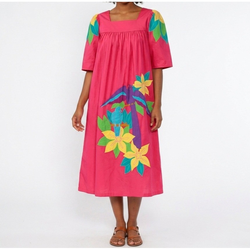 Vintage Go Softly Patio Dress Muumuu M Pink Applique Tropical Bird Floral Boho