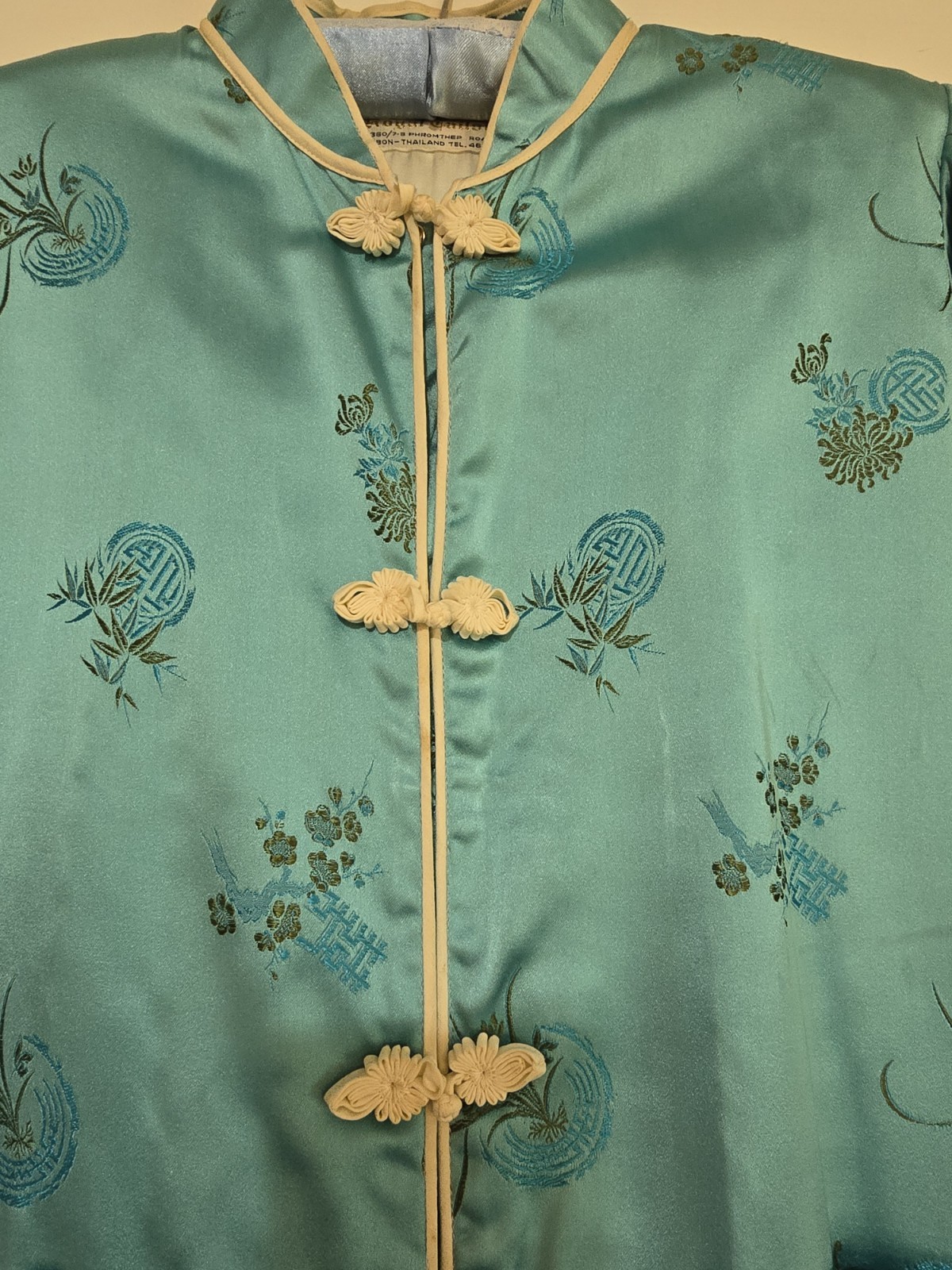 Vintage 50s Chinese Brocade Hostess Gown- Women’s- Turquoise Satin-Size 42/L