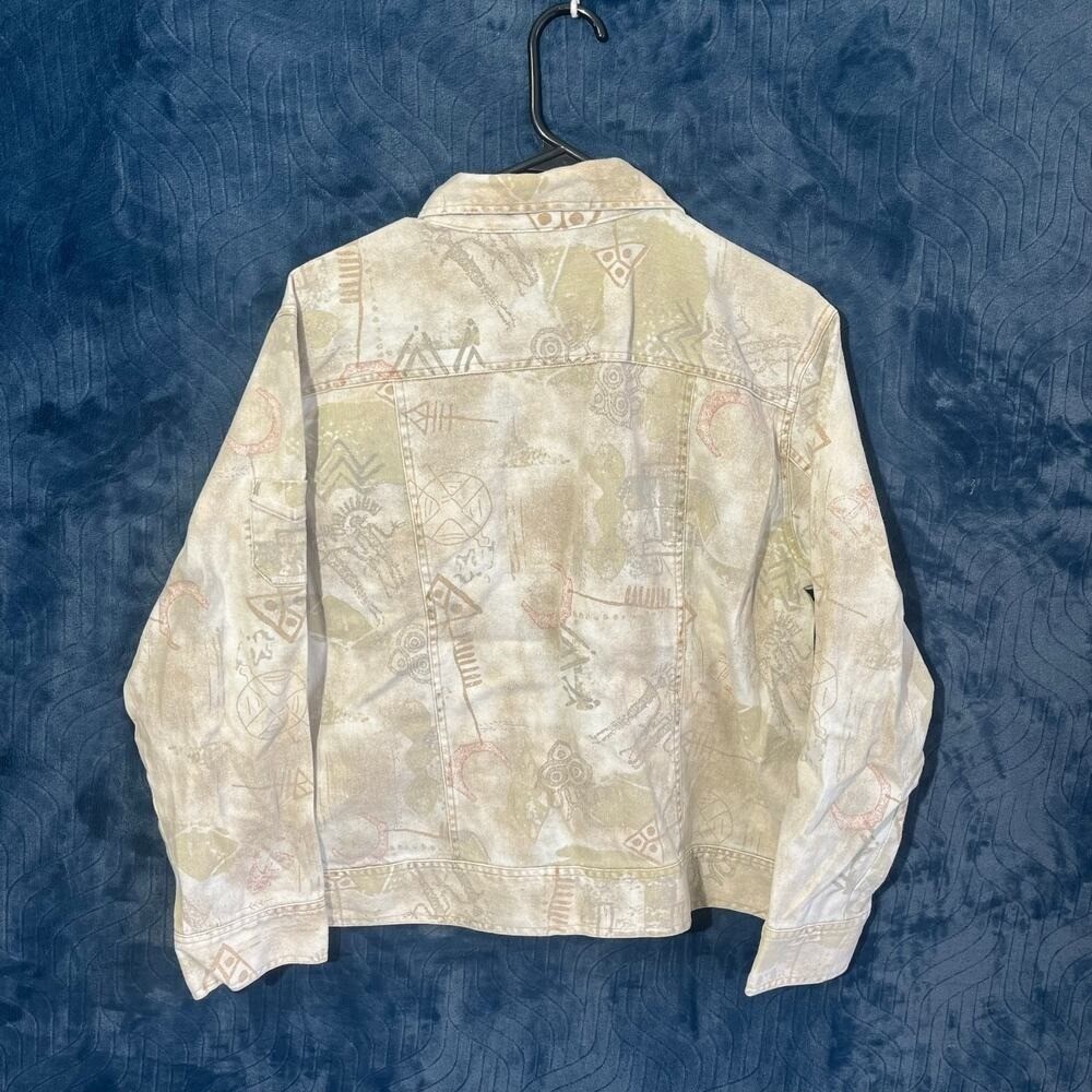 Vintage Chico’s 90’s Design Tribal Printed Beige Denim Jacket Womans Size 2
