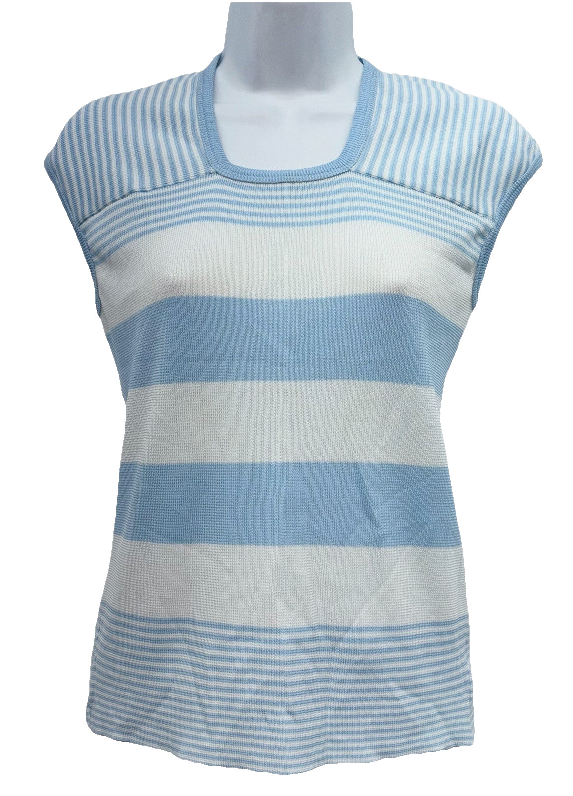 Vintage 70s Joyce Women Size XL Pullover Sleeveless Knit Top Blue/White Stripes