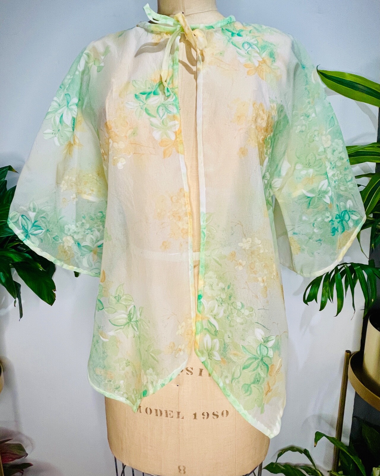 VTG 70’S BOHO DISCO HIPPIE SHEER TIE COVER UP SHIRT TOP GREEN&YELLOW FLORAL*S/M