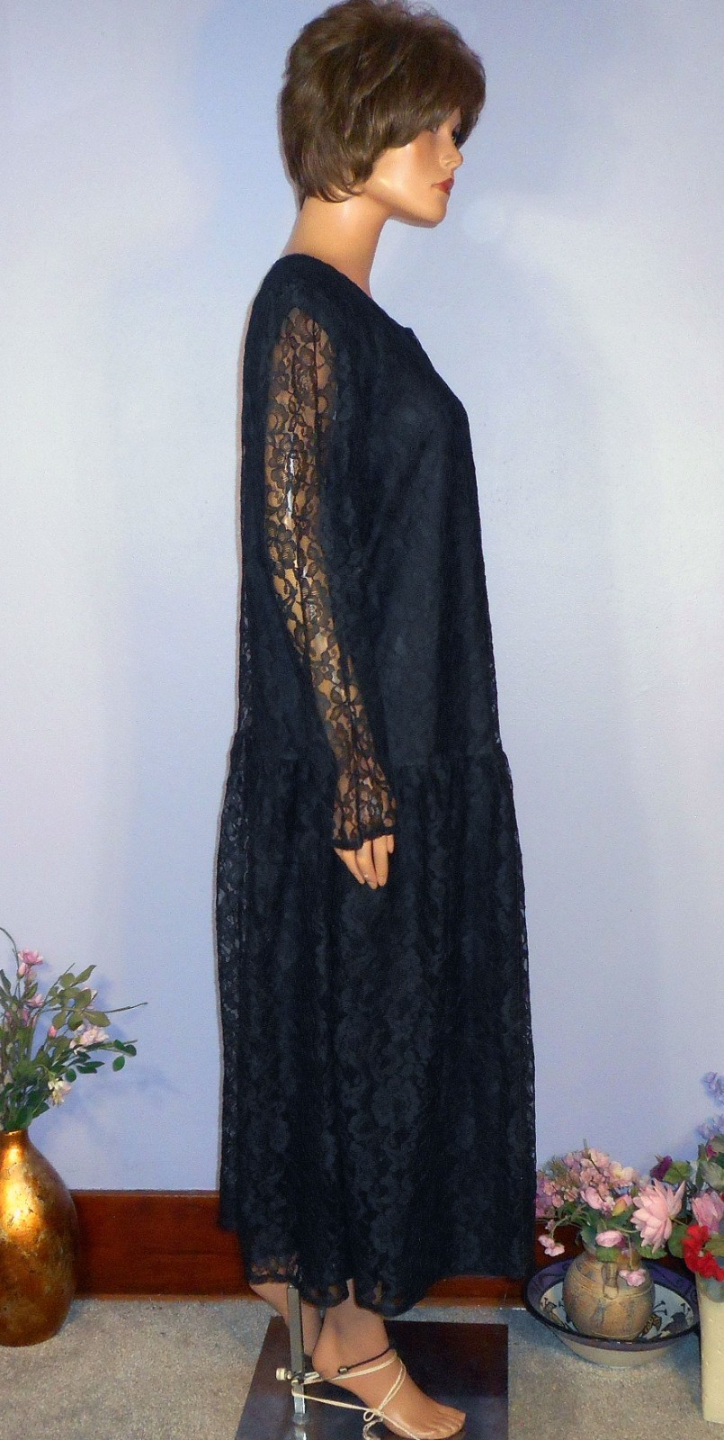 Vtg ‘80s Witchy Lacy Kathyrn Deene Dress w Drop Waist & Shoulder Pads, 22