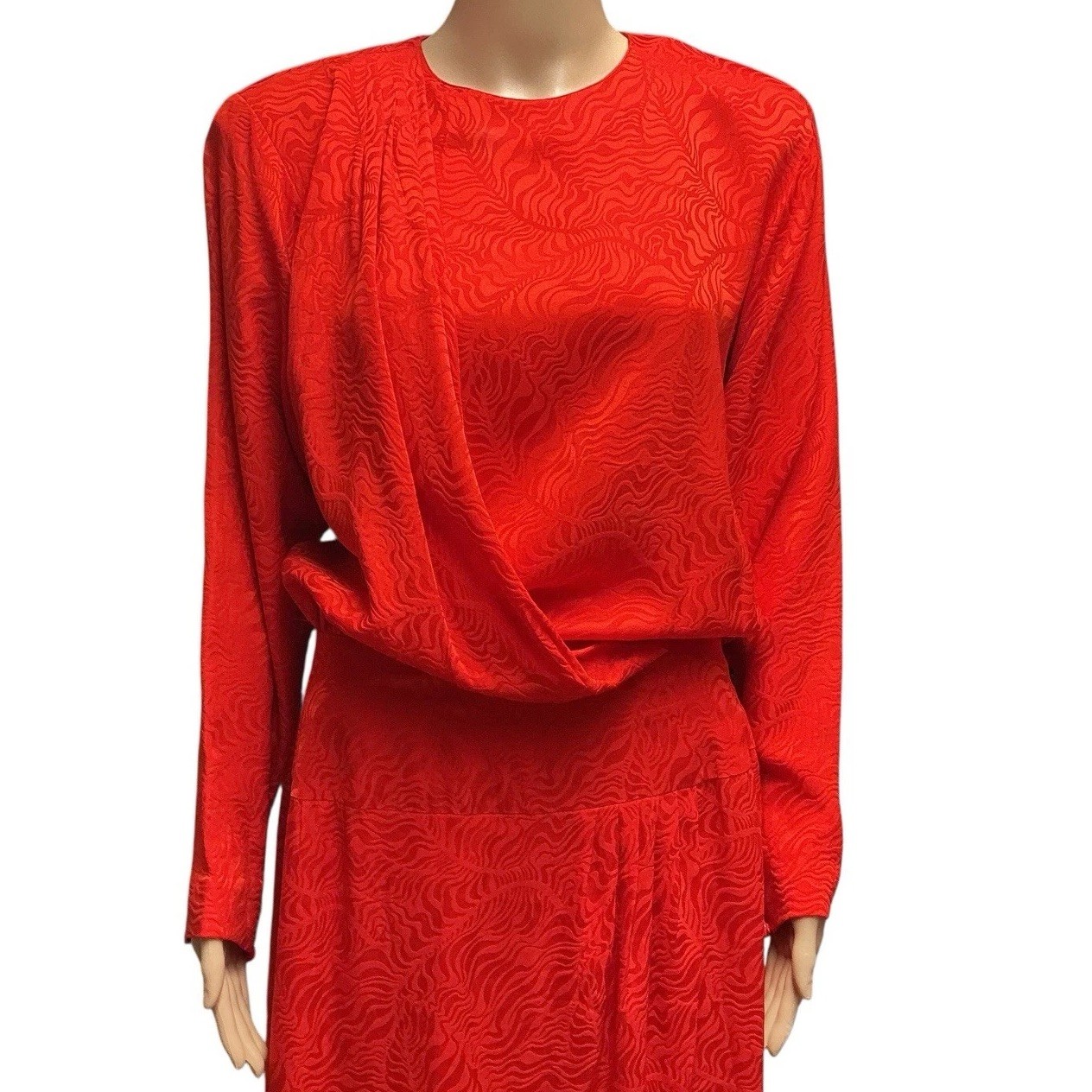 80s Liz Claiborne Red Silk Dress Floral Jacquard Blouson Modesty Career Midi