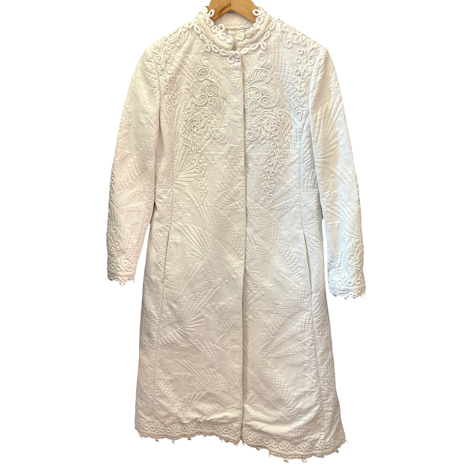 Vintage 1960s White Quilted Trapunto Soutache Long Coat Regencycore Romantic