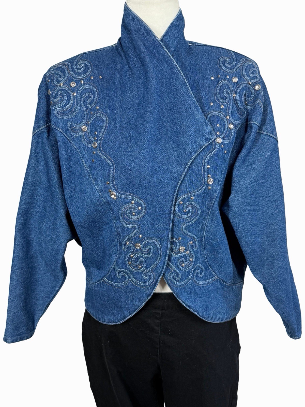 Vintage Pado Jean Jacket Women’s Medium Rhinestone Embellished 80s USA Denim