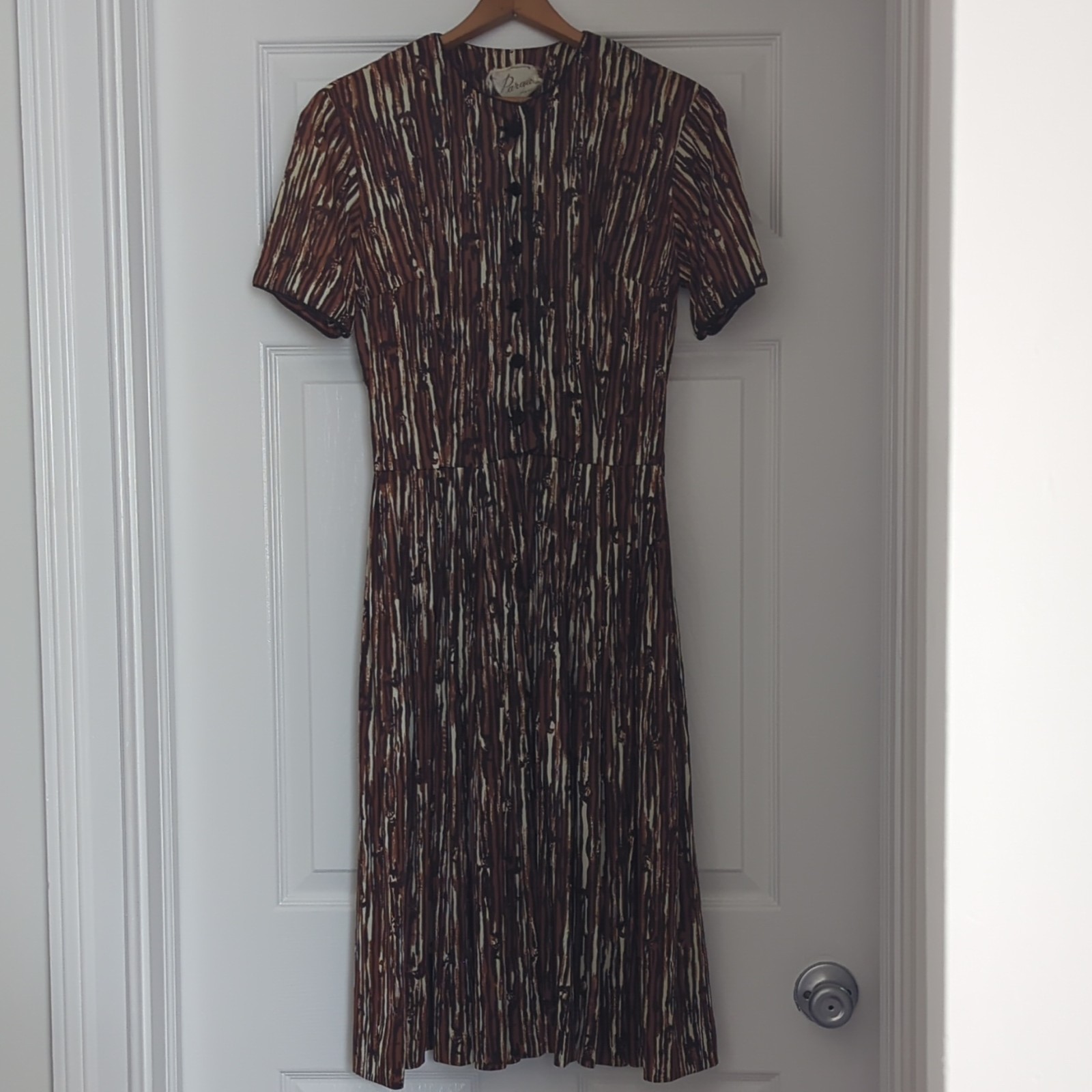 Vintage Parade New York Brown Abstract Shirtwaist Dress Button Short Sleeve S