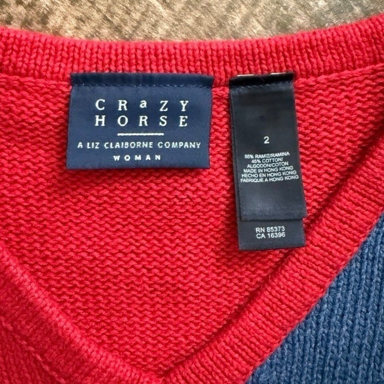 Crazy Horse Vintage Patchwork Crew Neck Knit LS Sweater,Red Blue Navy,2(NWT)