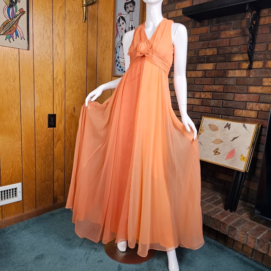 Vtg 70s Peach Chiffon Formal Maxi Dress Rosette Prom Bewitched Party Wedding S