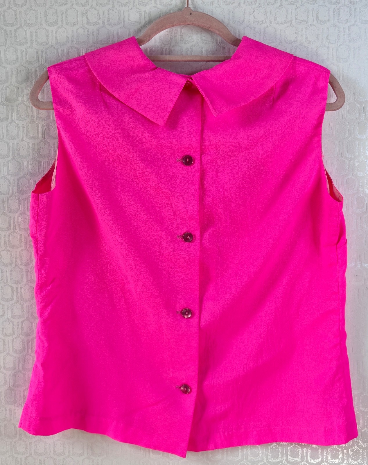 VTG 60’S MOD NEON PINK PUSSY-BOW SECRETARY TANK TOP BLOUSE SHIRT*S/M