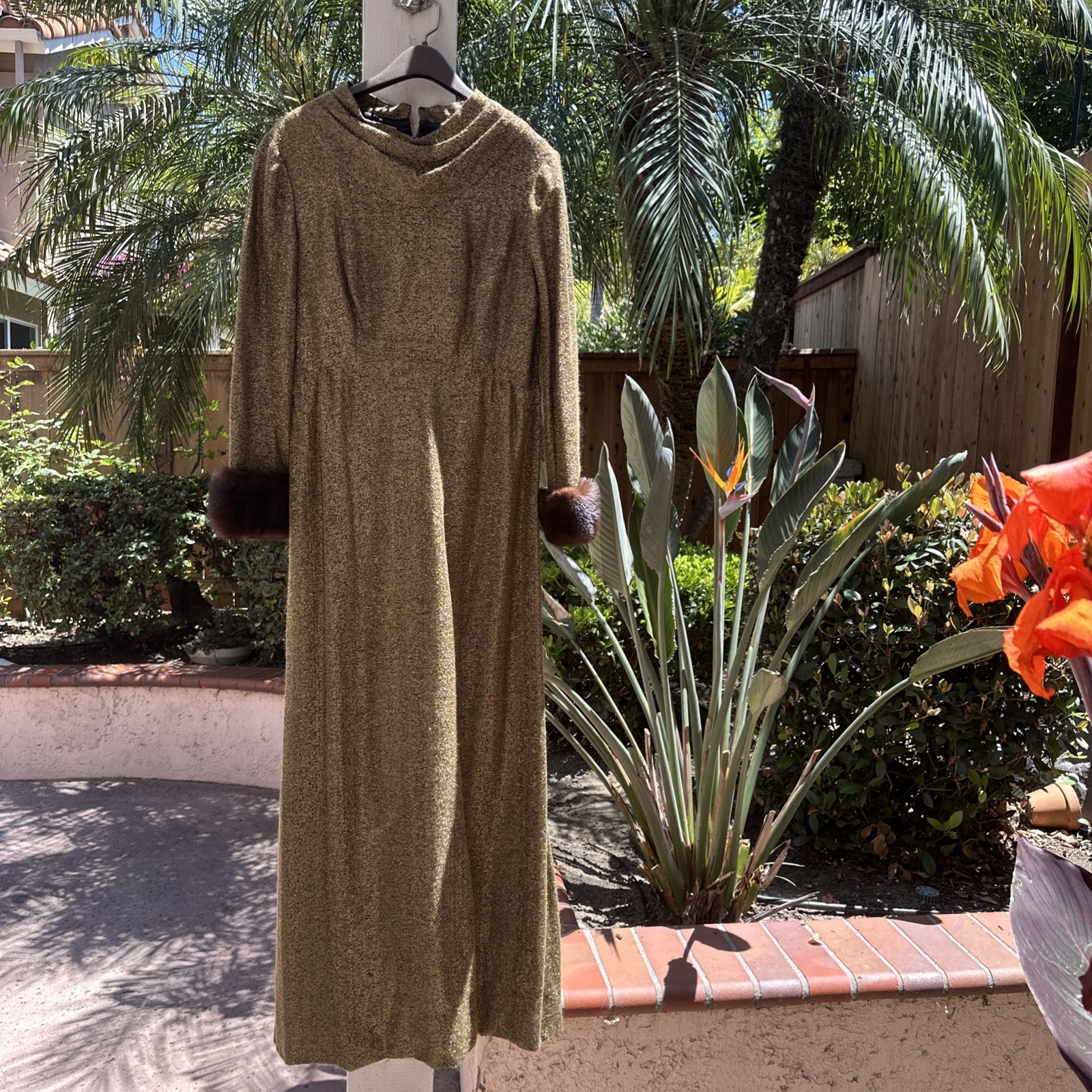 Vintage Saks Fifth Avenue Gold Evening Dress With Brown Mink Cuffs Cameo Brand