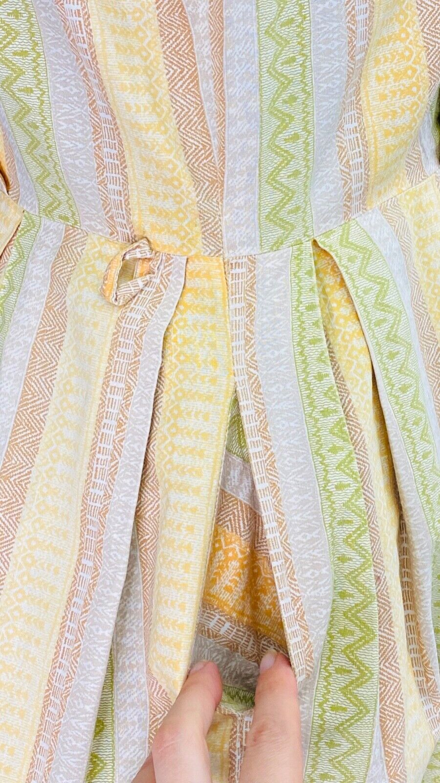 Vintage 1950s yellow green sleeveless dress, asymmetric shirt collar cotton L XL