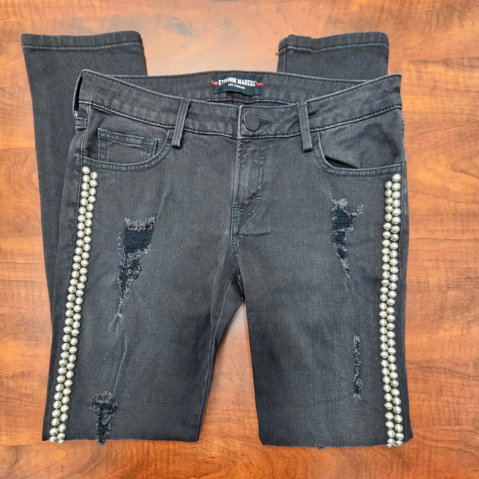 Etienne Marcel Jeans 26 Black Studded Distressed Skinny Moto Rock Glam Y2K
