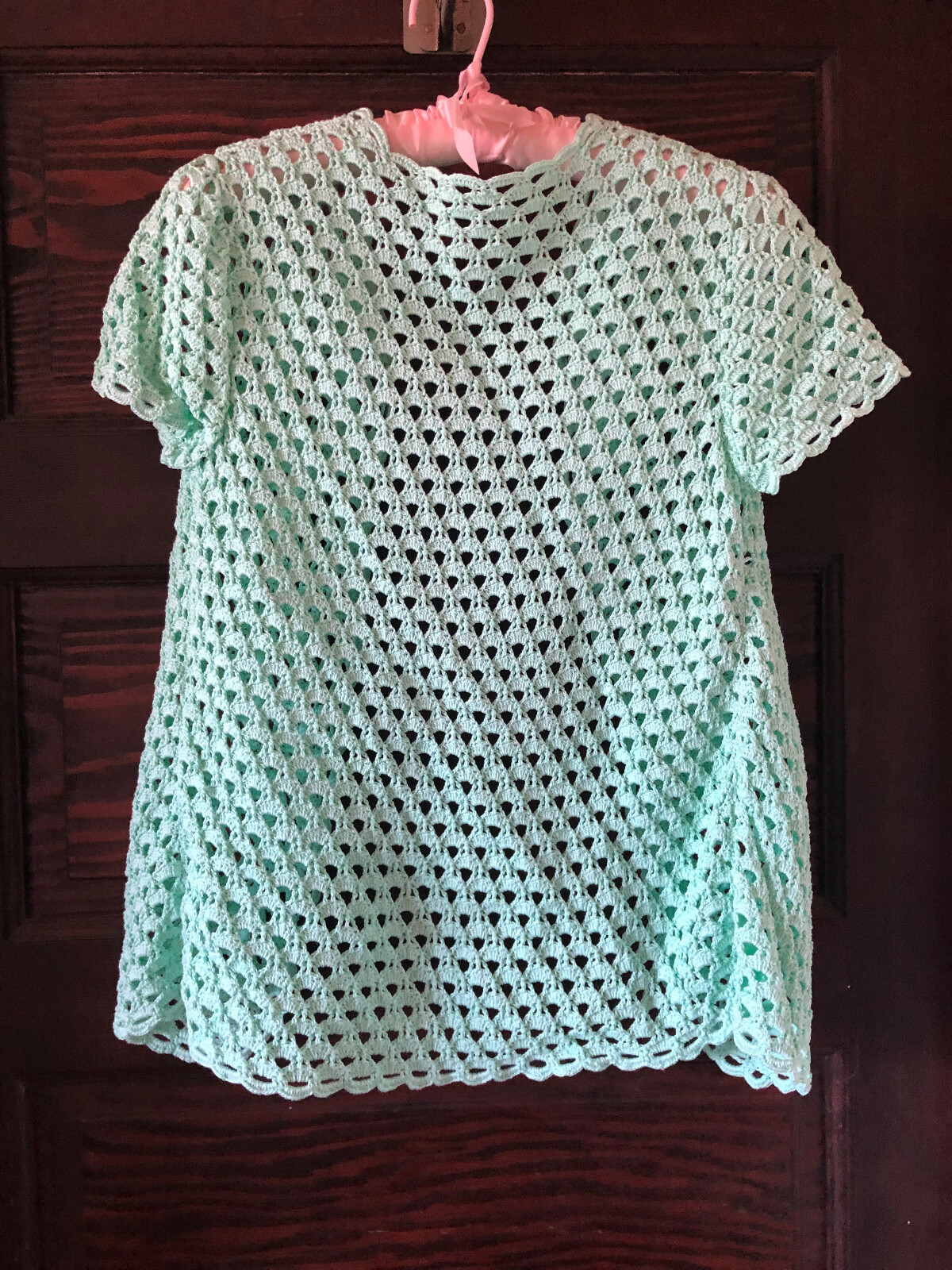 Vintage Women’s Crocheted Jacket Sweater Light Mint Green Cotton Aprox. Size M
