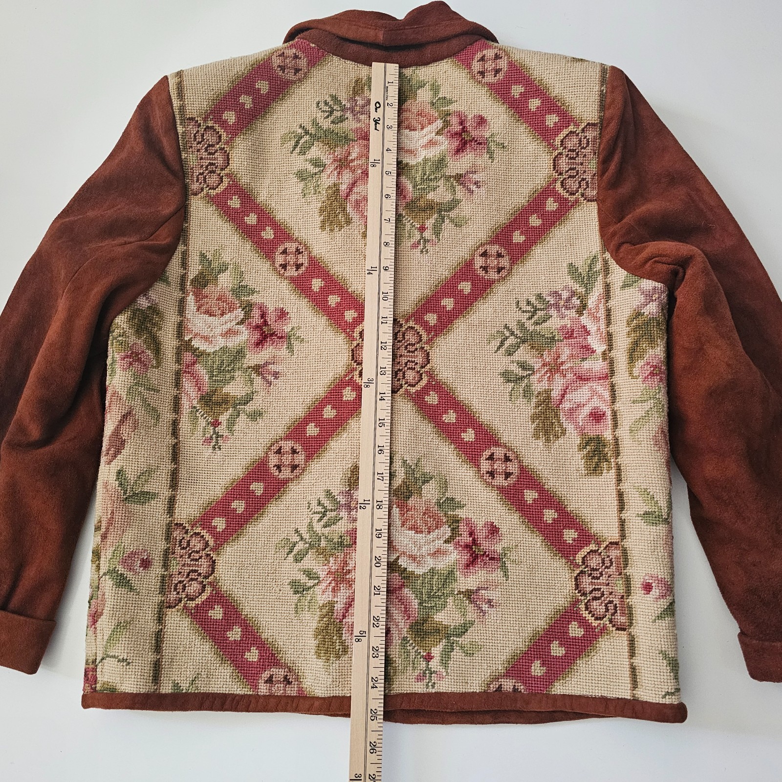 Vtg. BOUCHER Santa Fe Womens Suede Jacket Wool Floral Needle point Tapestry .925