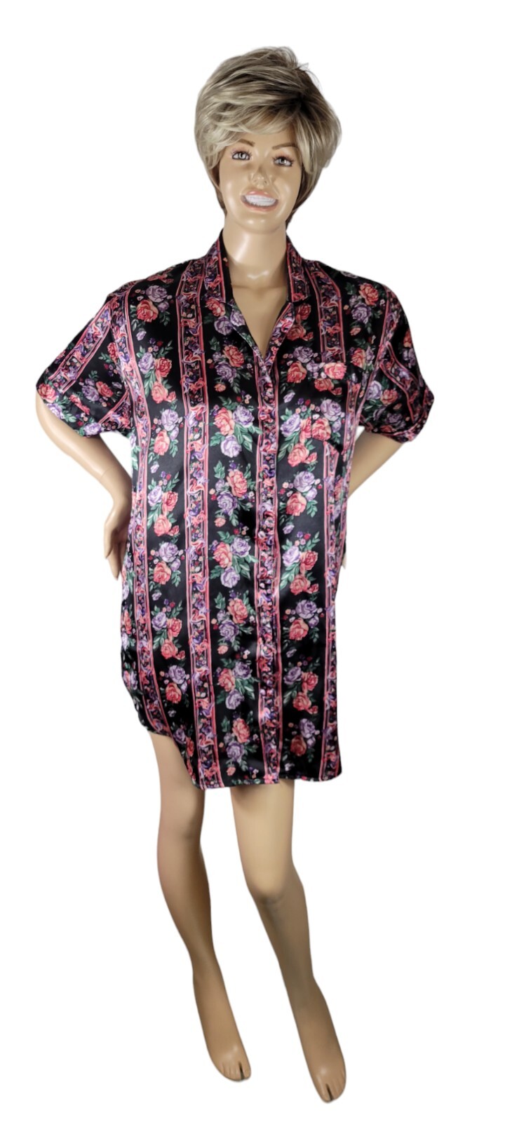 Vintage 90s ESLEEP For Natalie Robyn Satin Poly Floral Sleep Shirt Nightgown OS
