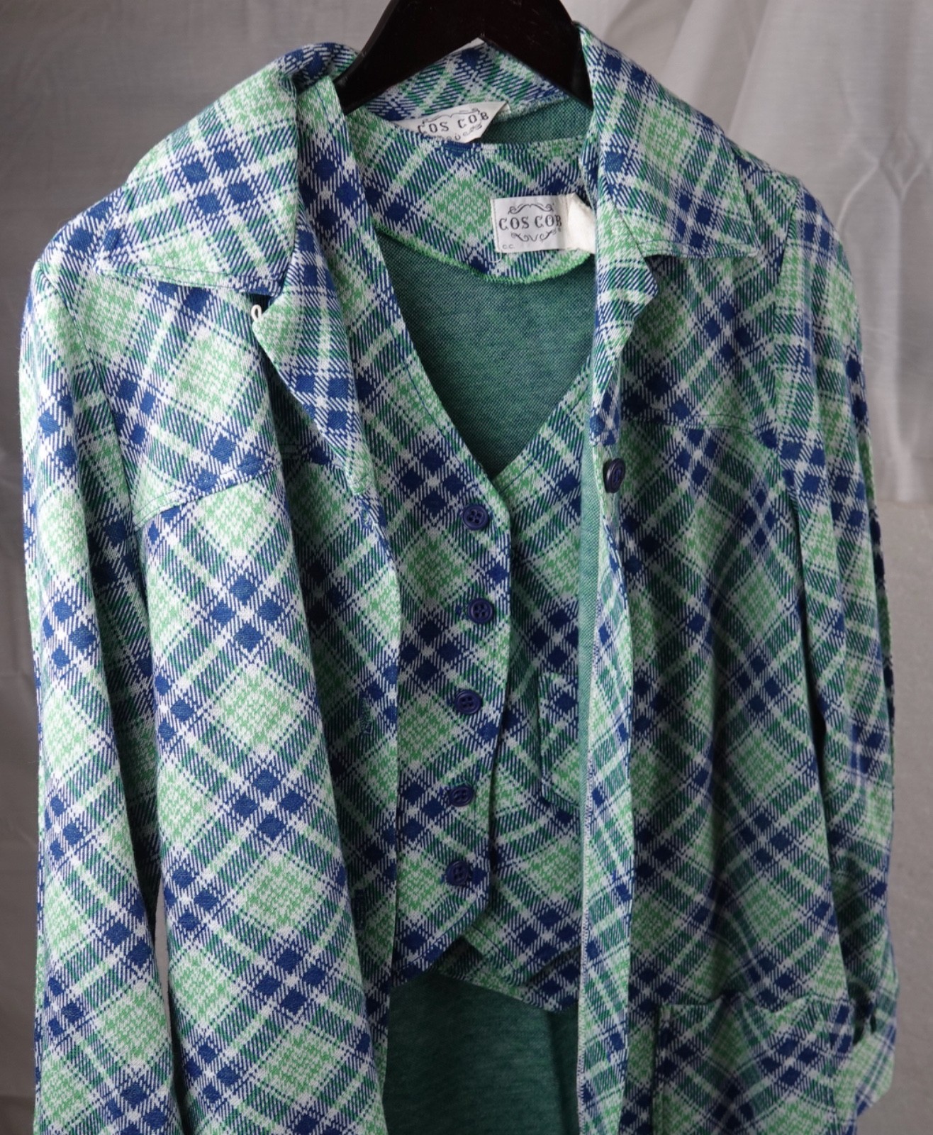 WOMANS VINTAGE 3 PIECE COS COB GREEN & BLUE PLAID ACRYLIC USA SIZE 11/12