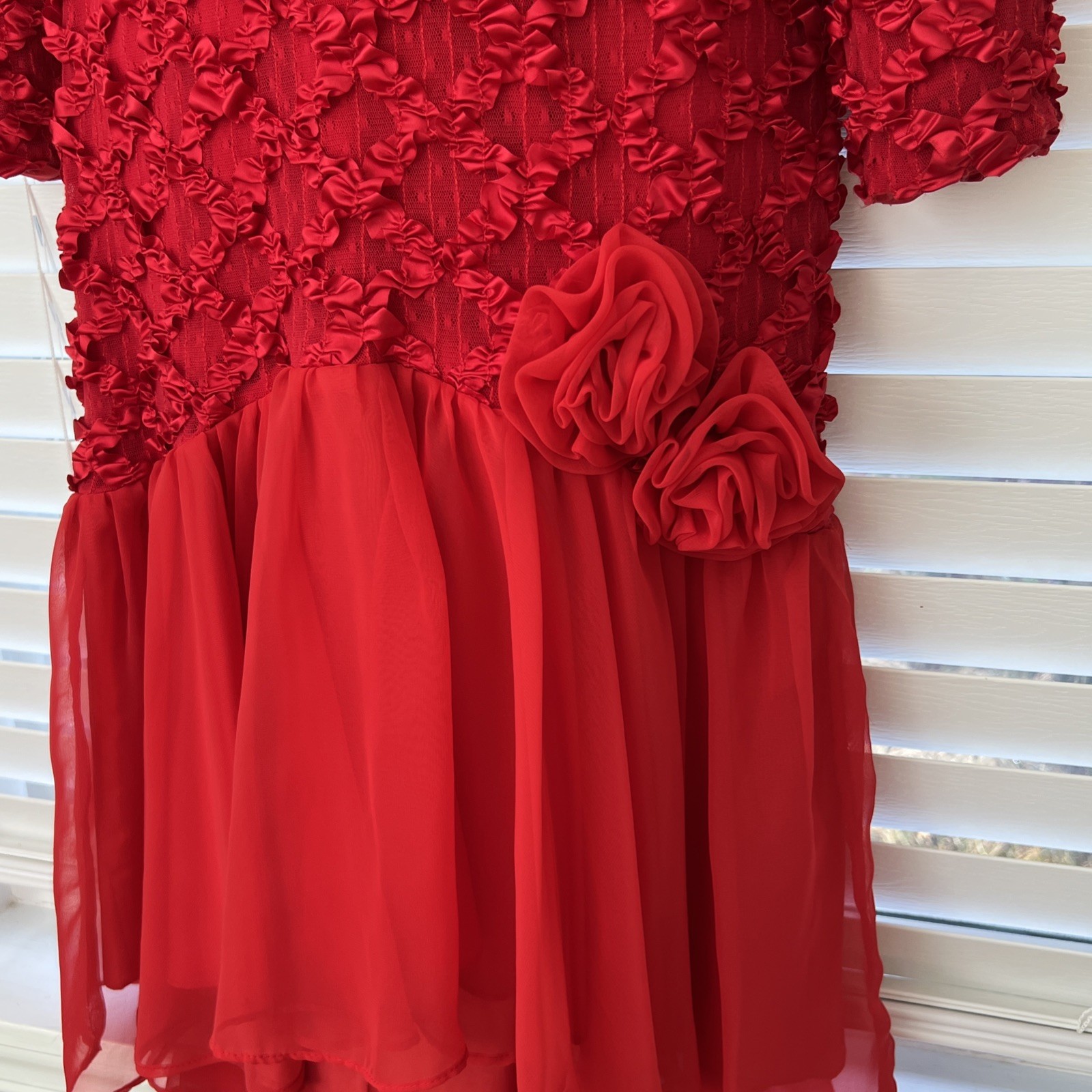 Vtg A La Carte California Hi-Lo Dress 80s Dance/Prom Ribbon/Lace Chiffon V-Back