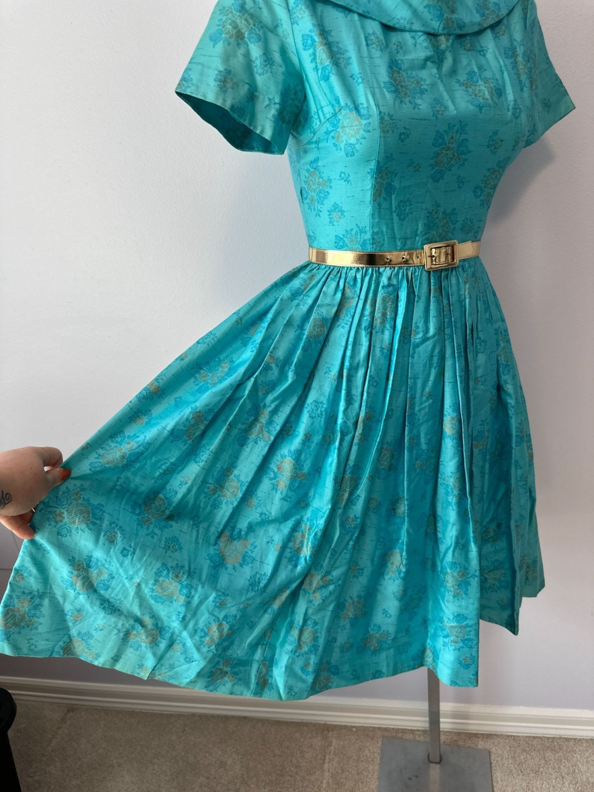 Vintage 50s Blue Gold Floral Tea Dress Rockabilly Pinup New Look Swing Belted S